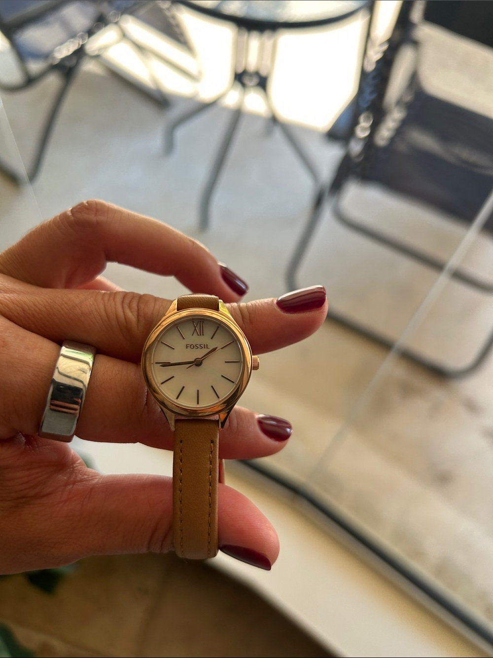 Fossil Women's Tan Leather Strap Watch with Rose Gold Case and White Dial